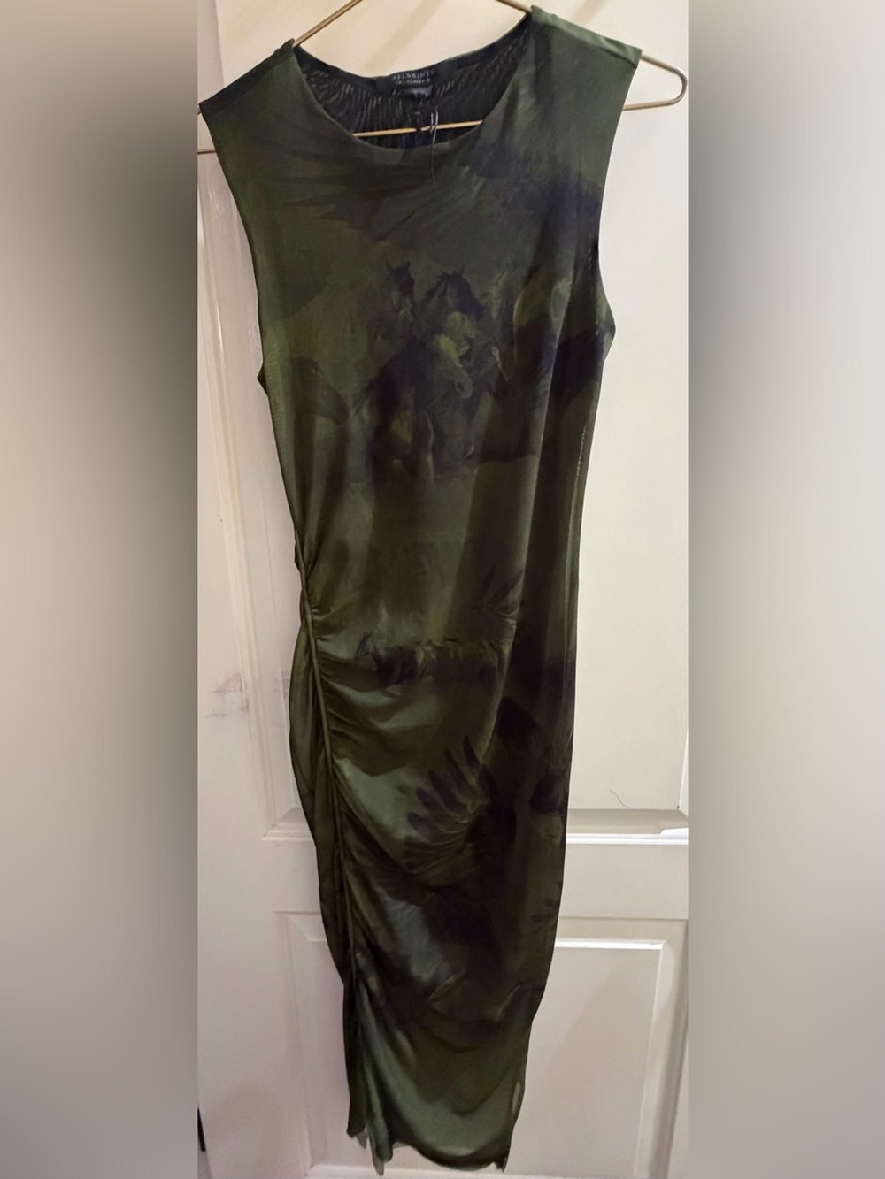 All Saints Nora Colca Dark Green Ruched Dress